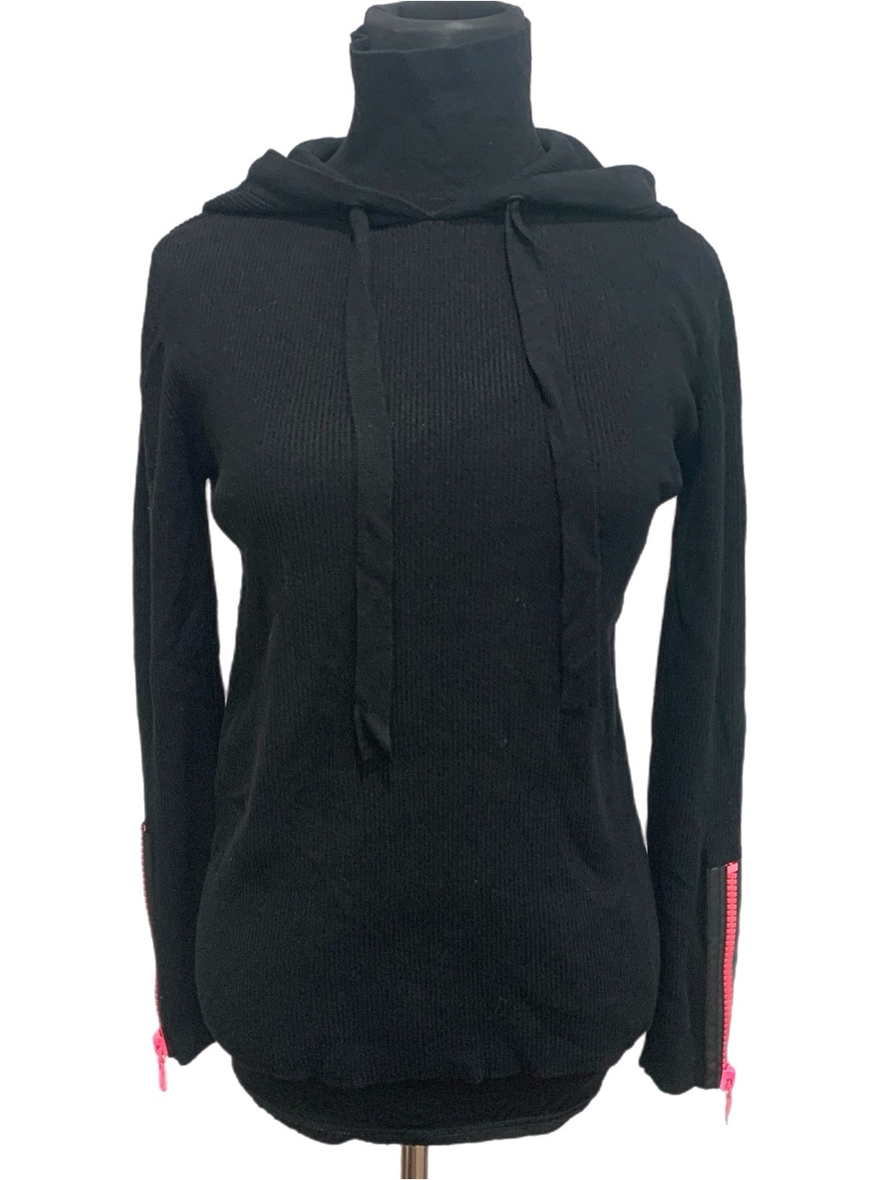 Zara Black Hooded Knit Top with Pink Zipper Details